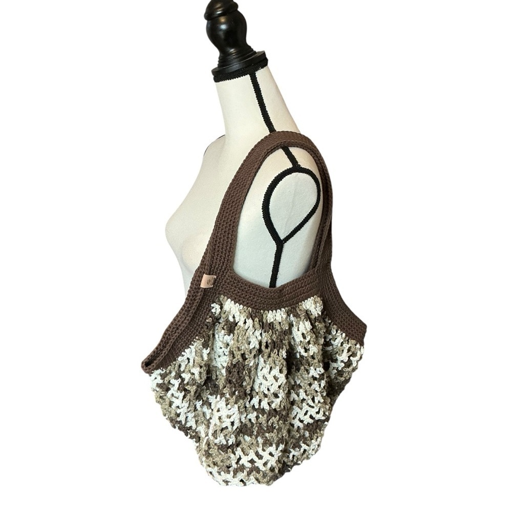 Large Crochet Mesh Market Bag Brown White Cotton Handcrafted Handmade Reusable - Picture 3 of 16